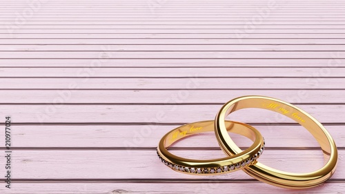 Golden rings joined together forever with words 'All my love', that symbolize devotion, loyalty, love and marriage bond, pink background, 3d illustration
