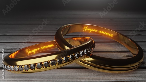Canvas Print Semper amemus, which means 'Forever love' - golden wedding rings joined together