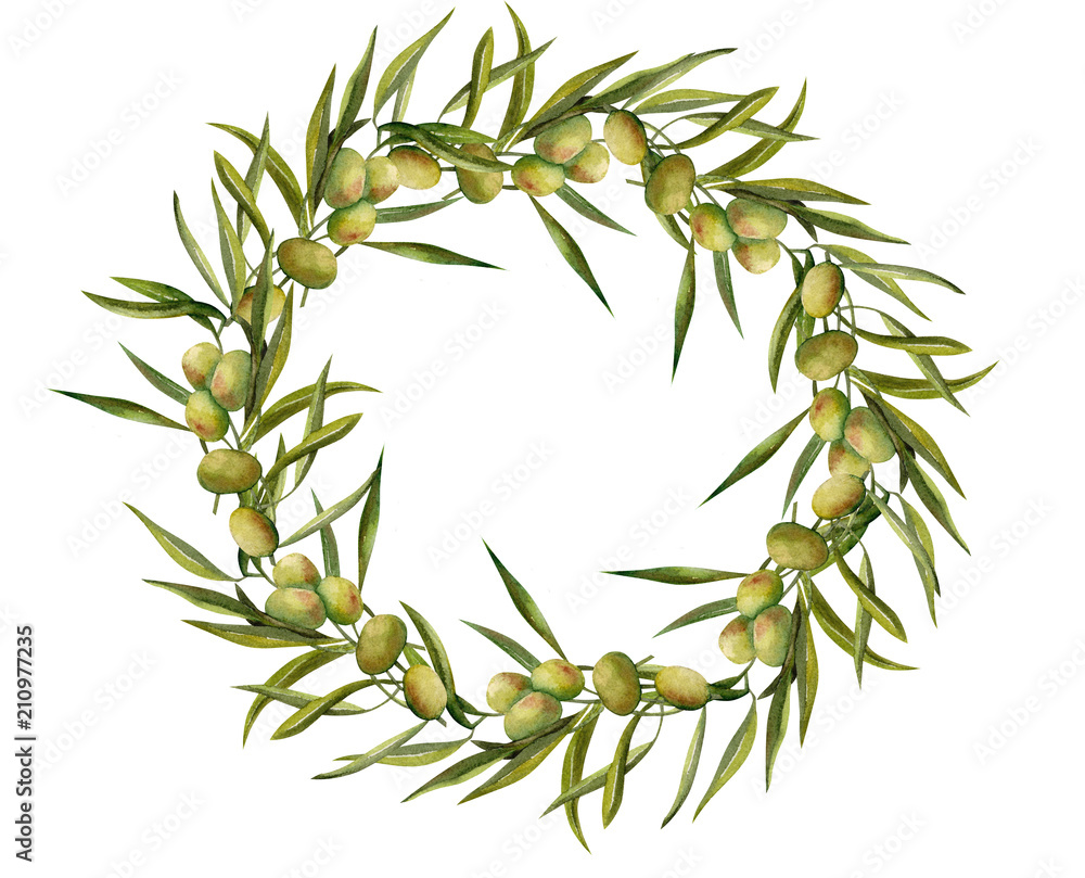 Watercolor wreath with olive branch and leaves. Frame for decor label ...
