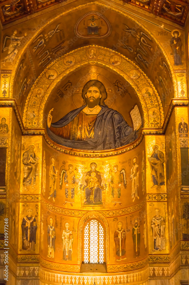 Christ Pantocrator central apse in gold in the Santa Maria Nuova cathedral