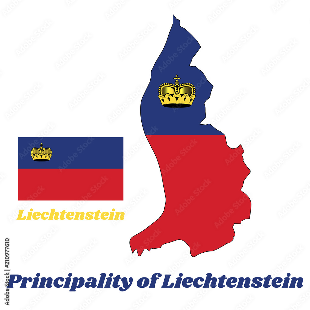 gys sovende fløde Map outline country shaped and flag of Liechtenstein, It is a horizontal  bicolor of blue and red, charged with a gold crown in the canton with name  text Principality of Liechtenstein. Stock