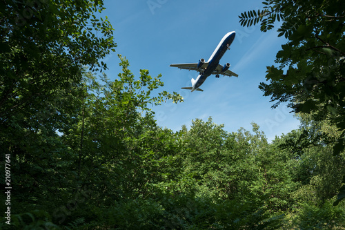 Flugzeug fliegt über einem Wald