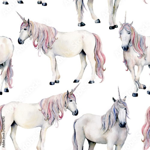 Watercolor unicorn pattern. Hand painted fairy tale horses isolated on white background. Magic wallpaper for print  fabric or design.
