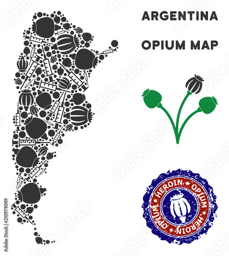 Opium addiction Argentina map composition of poppy heads and syringes. Template for narcotic addiction campaign against heroin dependence.