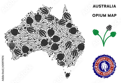 Opium addiction Australia map composition of poppy heads and syringes. Concept for narcotic addiction campaign against heroin dependence.
