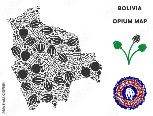 Opium addiction Bolivia map mosaic of poppy heads and syringes. Concept for narcotic addiction campaign against heroin dependence.