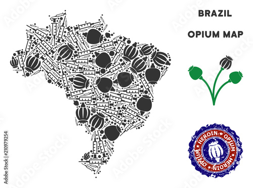 Opium addiction Brazil map collage of poppy heads and syringes. Concept for narcotic addiction campaign against heroin dependence.