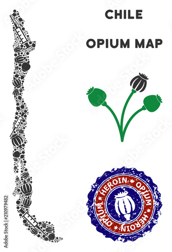 Opium addiction Chile map mosaic of poppy heads and syringes. Template for narcotic addiction campaign against heroin dependence.