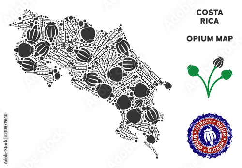 Opium addiction Costa Rica map collage of poppy heads and syringes. Template for narcotic addiction campaign against heroin dependence.