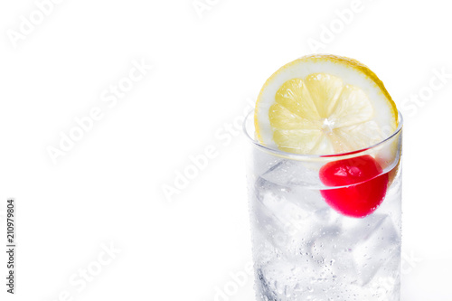 Classic Tom Collins cocktail isolated on white background. Copyspace