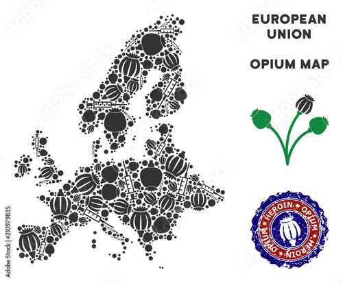 Opium addiction European Union map composition of poppy heads and syringes. Template for narcotic addiction campaign against heroin dependence.