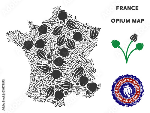 Opium addiction France map collage of poppy heads and syringes. Template for narcotic addiction campaign against heroin dependence.