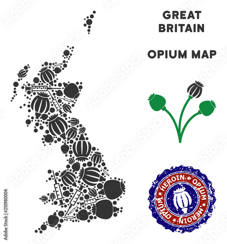 Opium addiction Great Britain map mosaic of poppy heads and syringes. Concept for narcotic addiction campaign against heroin dependence.