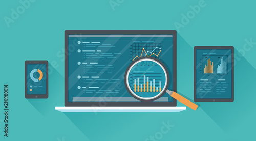 Online audit, research, analysis concept. Web and mobile service. Financial reports, charts graphs on screens of a laptop, phone, tablet with a long shadow. Business background banner. Vector 