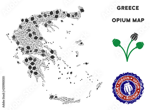 Opium addiction Greece map collage of poppy heads and syringes. Concept for narcotic addiction campaign against heroin dependence.