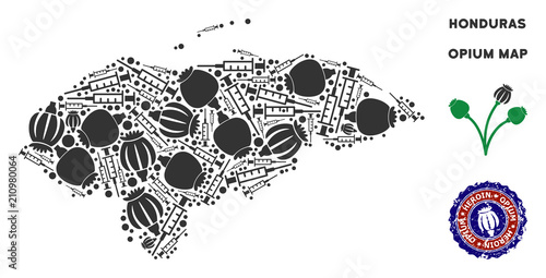 Opium addiction Honduras map composition of poppy heads and syringes. Template for narcotic addiction campaign against heroin dependence.
