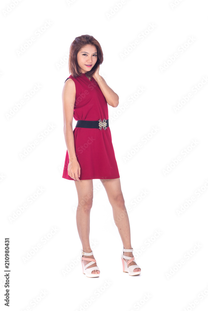 beautiful asian girl in red dress in a studio shot on white background (with selective focus) beautiful asian girl in red dress in a studio shot on white background (with selective focus)