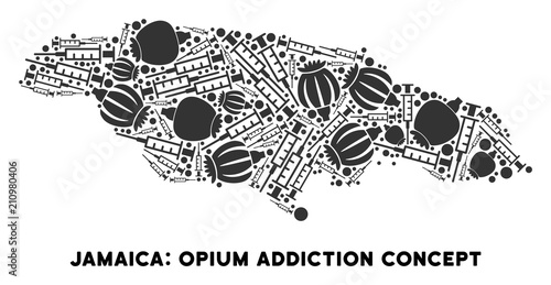 Opium addiction Jamaica map composition of poppy heads and syringes. Template for narcotic addiction campaign against heroin dependence.