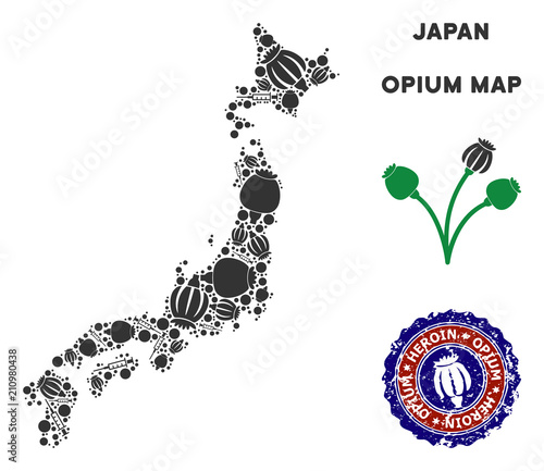 Opium addiction Japan map collage of poppy heads and syringes. Concept for narcotic addiction campaign against heroin dependence.