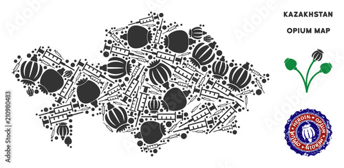 Opium addiction Kazakhstan map composition of poppy heads and syringes. Template for narcotic addiction campaign against heroin dependence.
