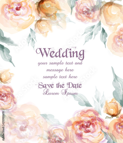 Beautiful wedding card with watercolor flowers Vector. Vintage roses bouquet ...