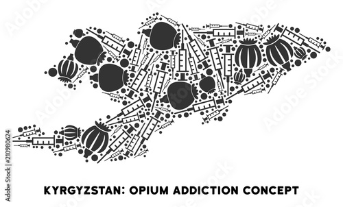 Opium addiction Kyrgyzstan map mosaic of poppy heads and syringes. Template for narcotic addiction campaign against heroin dependence.