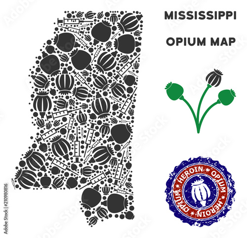 Opium addiction Mississippi State map composition of poppy heads and syringes. Concept for narcotic addiction campaign against heroin dependence.