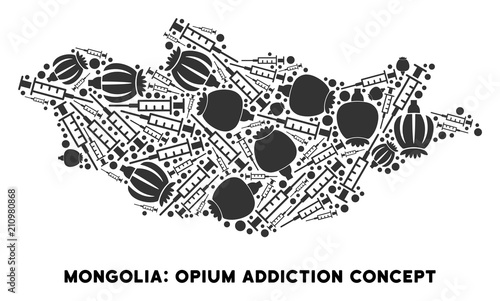 Opium addiction Mongolia map mosaic of poppy heads and syringes. Concept for narcotic addiction campaign against heroin dependence.