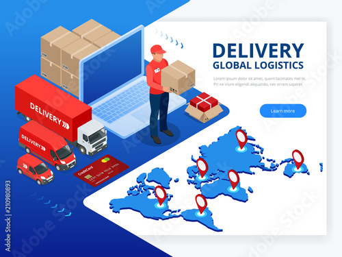 Isometric Checking delivery and ligistics service app on computer. Delivery truck with cardboard box and delivery man. Infographics. Vector web banner illustration