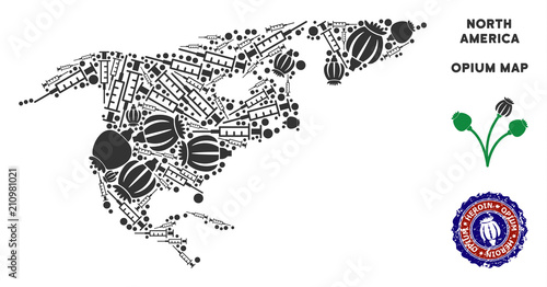 Opium addiction North America map mosaic of poppy heads and syringes. Template for narcotic addiction campaign against heroin dependence.