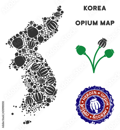 Opium addiction North and South Korea map mosaic of poppy heads and syringes. Concept for narcotic addiction campaign against heroin dependence.