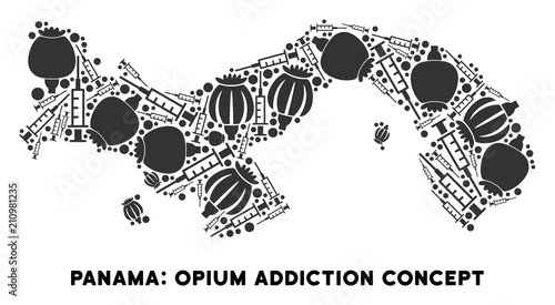 Opium addiction Panama map collage of poppy heads and syringes. Template for narcotic addiction campaign against heroin dependence.