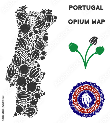 Opium addiction Portugal map collage of poppy heads and syringes. Concept for narcotic addiction campaign against heroin dependence.