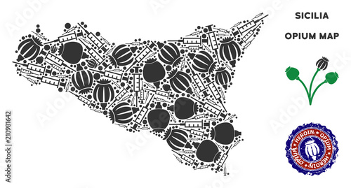 Opium addiction Sicilia map mosaic of poppy heads and syringes. Template for narcotic addiction campaign against heroin dependence.