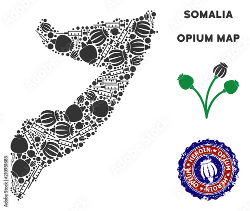 Opium addiction Somalia map mosaic of poppy heads and syringes. Template for narcotic addiction campaign against heroin dependence.