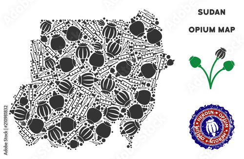 Opium addiction Sudan map collage of poppy heads and syringes. Concept for narcotic addiction campaign against heroin dependence.