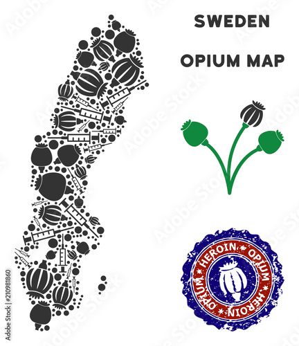 Opium addiction Sweden map collage of poppy heads and syringes. Template for narcotic addiction campaign against heroin dependence. Vector Sweden map is made of opium poppyheads and injection needles.