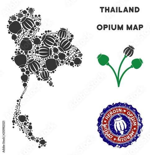 Opium addiction Thailand map collage of poppy heads and syringes. Concept for narcotic addiction campaign against heroin dependence.