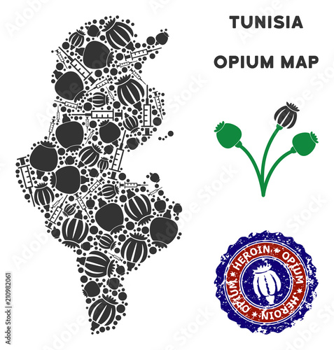 Opium addiction Tunisia map collage of poppy heads and syringes. Concept for narcotic addiction campaign against heroin dependence.