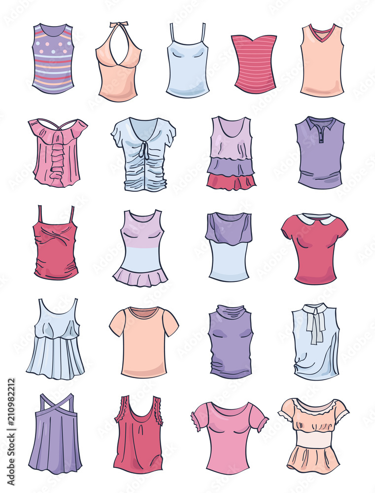 Set of t-shirts and tank tops for girls, summer clothing, isolated on white  background Stock Vector | Adobe Stock