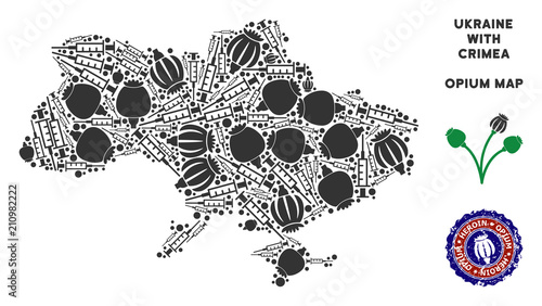 Opium addiction Ukraine map with Crimea composition of poppy heads and syringes. Concept for narcotic addiction campaign against heroin dependence.