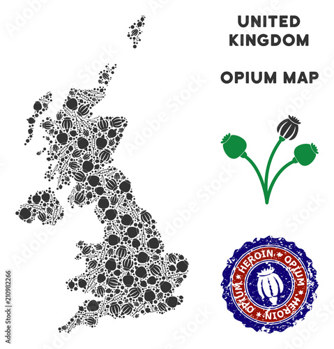 Opium addiction United Kingdom map composition of poppy heads and syringes. Template for narcotic addiction campaign against heroin dependence.