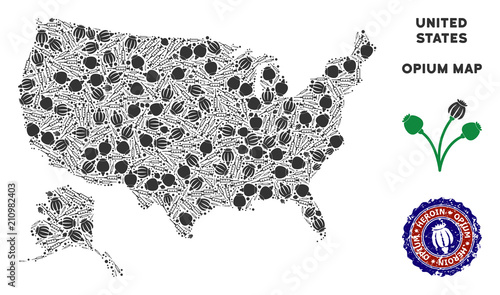 Opium addiction USA with Alaska map mosaic of poppy heads and syringes. Template for narcotic addiction campaign against heroin dependence.