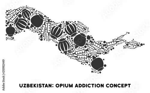 Opium addiction Uzbekistan map composition of poppy heads and syringes. Template for narcotic addiction campaign against heroin dependence.