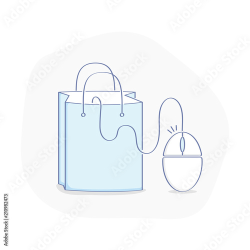 Pay or buy per one click. Computer mouse and shopping bag. Flat outline e-commerce icon business concept.