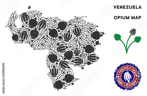 Opium addiction Venezuela map collage of poppy heads and syringes. Template for narcotic addiction campaign against heroin dependence.
