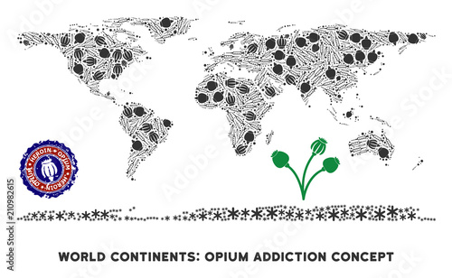 Opium addiction world continent map mosaic of poppy heads and syringes. Template for narcotic addiction campaign against heroin dependence.