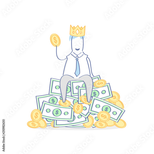 King, rich Boss, Chef, Master, Leader, Authority, Success. Cute fun cartoon character with crown fantasizes and sitting on the big pile of money and gold
