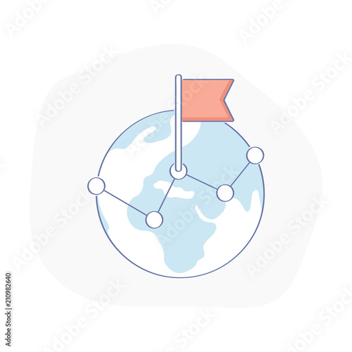 Locations on the map of the Earth. Geo positions, network, global communication, delivery points, location and connection of offices vector illustration concept. Geo pin with flag on Globe map.