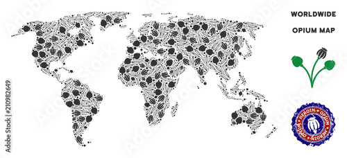 Opium addiction world map collage of poppy heads and syringes. Concept for narcotic addiction campaign against heroin dependence. Vector world map is created of opium poppyheads and injection needles.